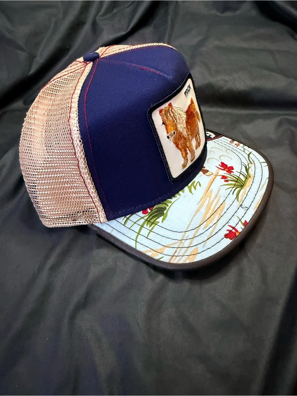 Goorin Bros Navy and Tan Trucker Hat with Pony Patch and Floral Bill - Picture 5 of 8